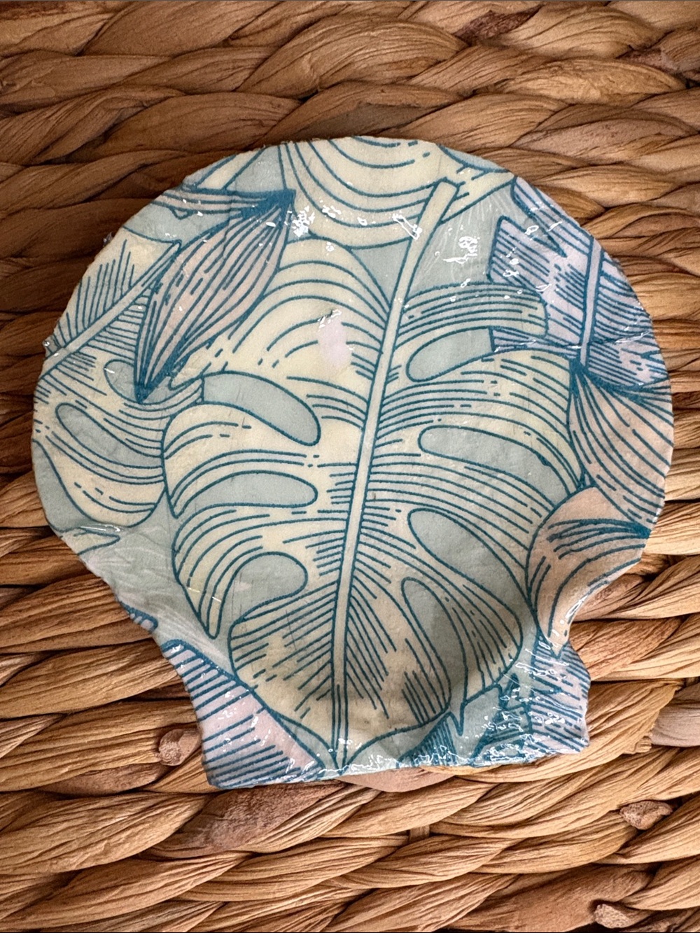 Handmade Shell Trinket Dish in Teal Leaf Print
